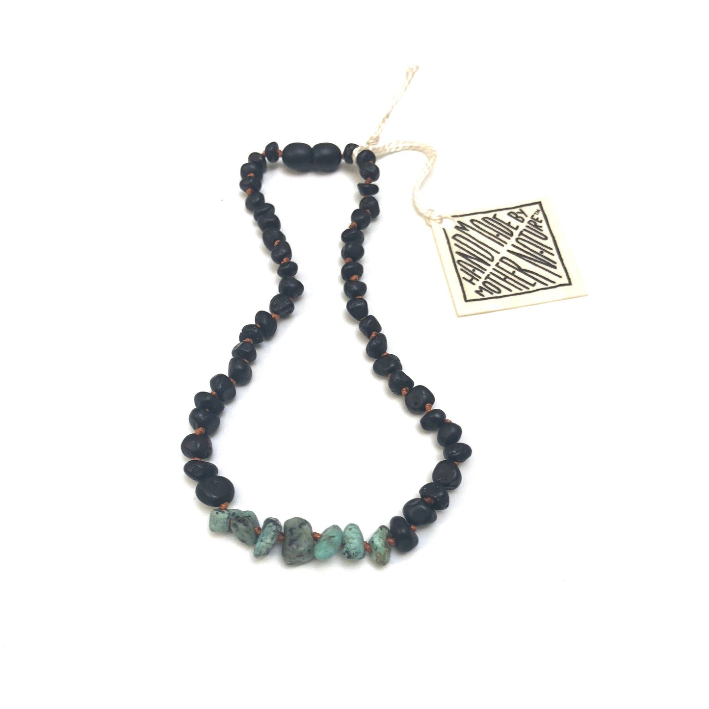 CanyonLeaf - Raw Black Baltic Amber + Raw Turquoise Jasper Necklace: 12" Baby || Child Necklace