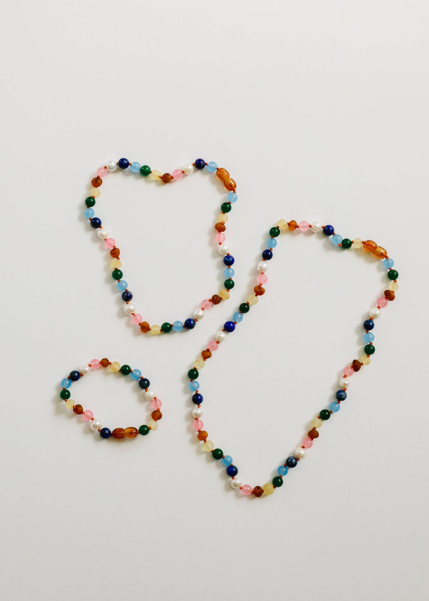 CanyonLeaf - Raw Baltic Amber and Pearl Necklace + Sweet Pink Gemstones: 11" Baby Necklace