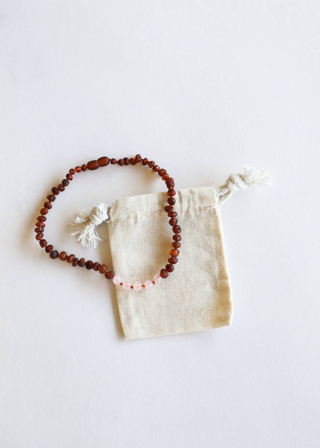 CanyonLeaf - Raw Cognac Baltic Amber + Rose Quartz || Necklace: 13" Child Necklace