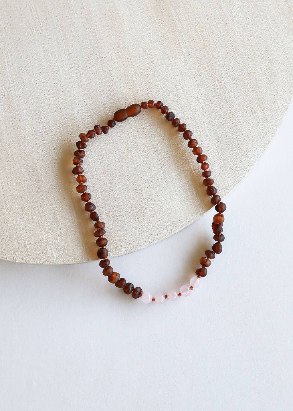 CanyonLeaf - Raw Cognac Baltic Amber + Rose Quartz || Necklace: 13" Child Necklace