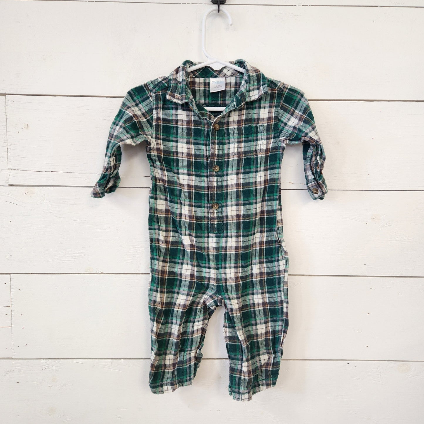 Size 6-12m | GYMBOREE Green Flannel Romper | UBNUU