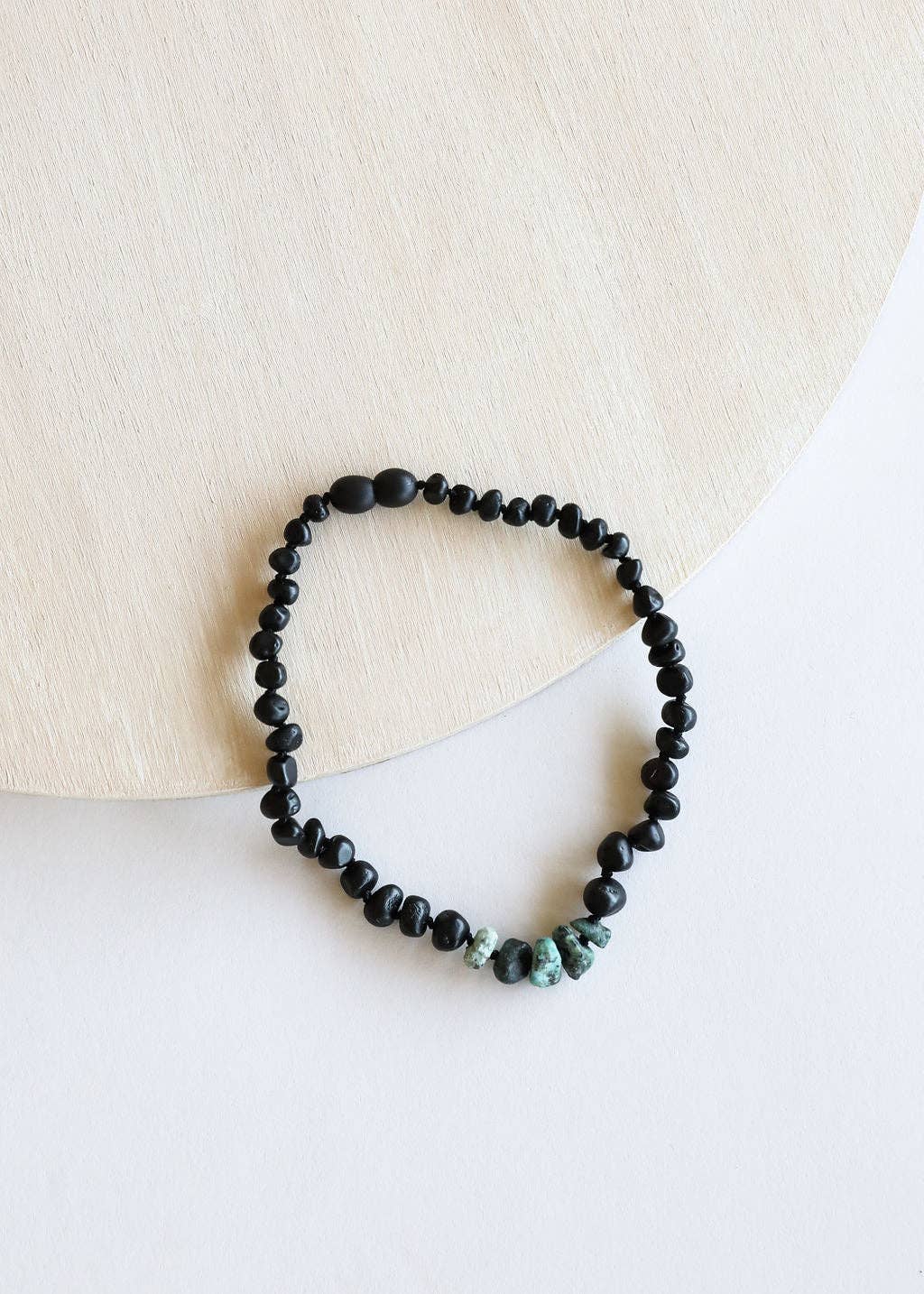 CanyonLeaf - Raw Black Baltic Amber + Raw Turquoise Jasper Necklace: 11" Baby Necklace