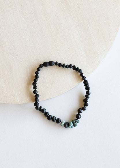 CanyonLeaf - Raw Black Baltic Amber + Raw Turquoise Jasper Necklace: 11" Baby Necklace