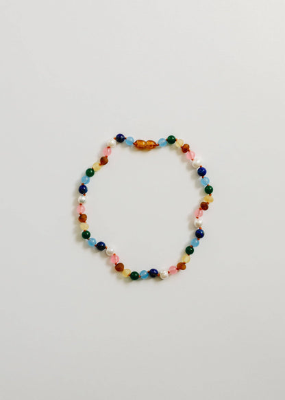 CanyonLeaf - Raw Baltic Amber and Pearl Necklace + Sweet Pink Gemstones: 11" Baby Necklace