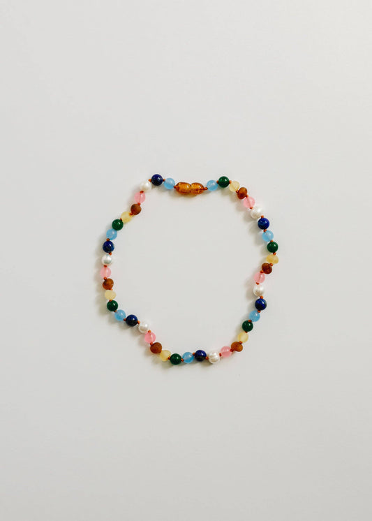 CanyonLeaf - Raw Baltic Amber and Pearl Necklace + Sweet Pink Gemstones: 12" Baby || Child Necklace