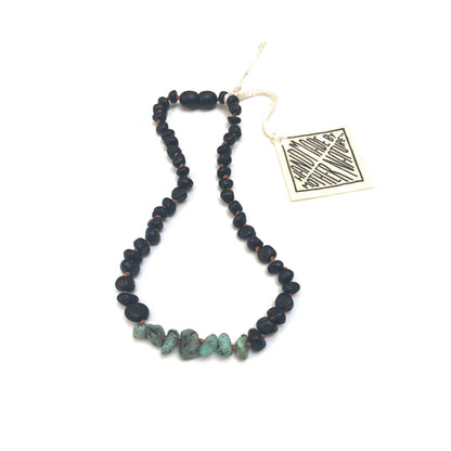 CanyonLeaf - Raw Black Baltic Amber + Raw Turquoise Jasper Necklace: 12" Baby || Child Necklace