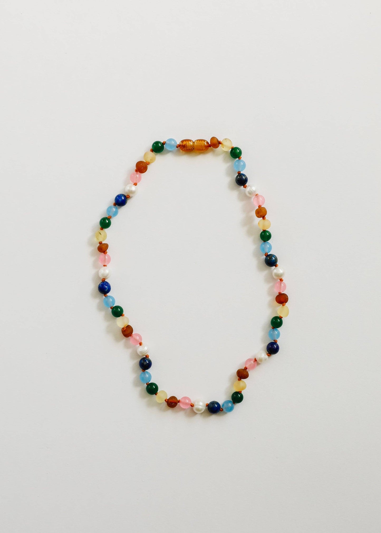 CanyonLeaf - Raw Baltic Amber and Pearl Necklace + Sweet Pink Gemstones: 11" Baby Necklace