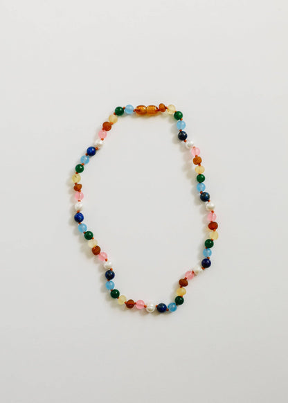 CanyonLeaf - Raw Baltic Amber and Pearl Necklace + Sweet Pink Gemstones: 12" Baby || Child Necklace