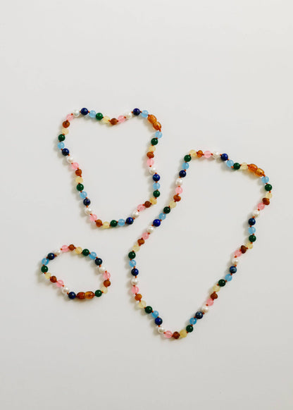 CanyonLeaf - Raw Baltic Amber and Pearl Necklace + Sweet Pink Gemstones: 12" Baby || Child Necklace