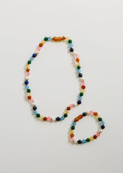 CanyonLeaf - Raw Baltic Amber and Pearl Necklace + Sweet Pink Gemstones: 12" Baby || Child Necklace