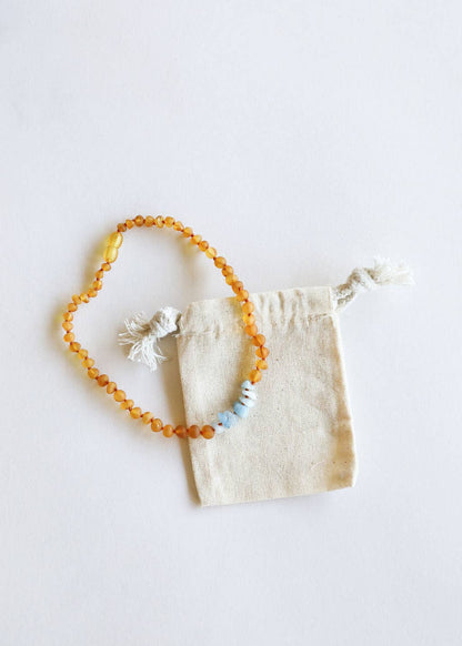CanyonLeaf - Raw Honey Baltic Amber + Aquamarine || Necklace: 12" Baby || Child Necklace