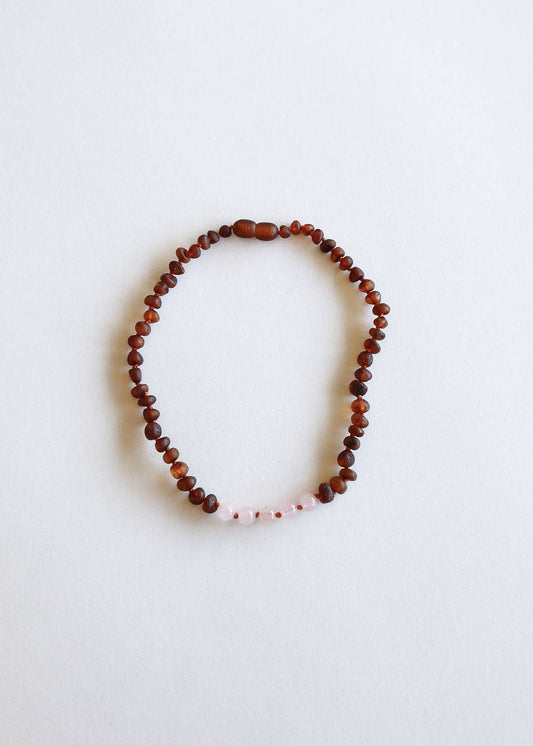 CanyonLeaf - Raw Cognac Baltic Amber + Rose Quartz || Necklace: 12" Baby || Child Necklace