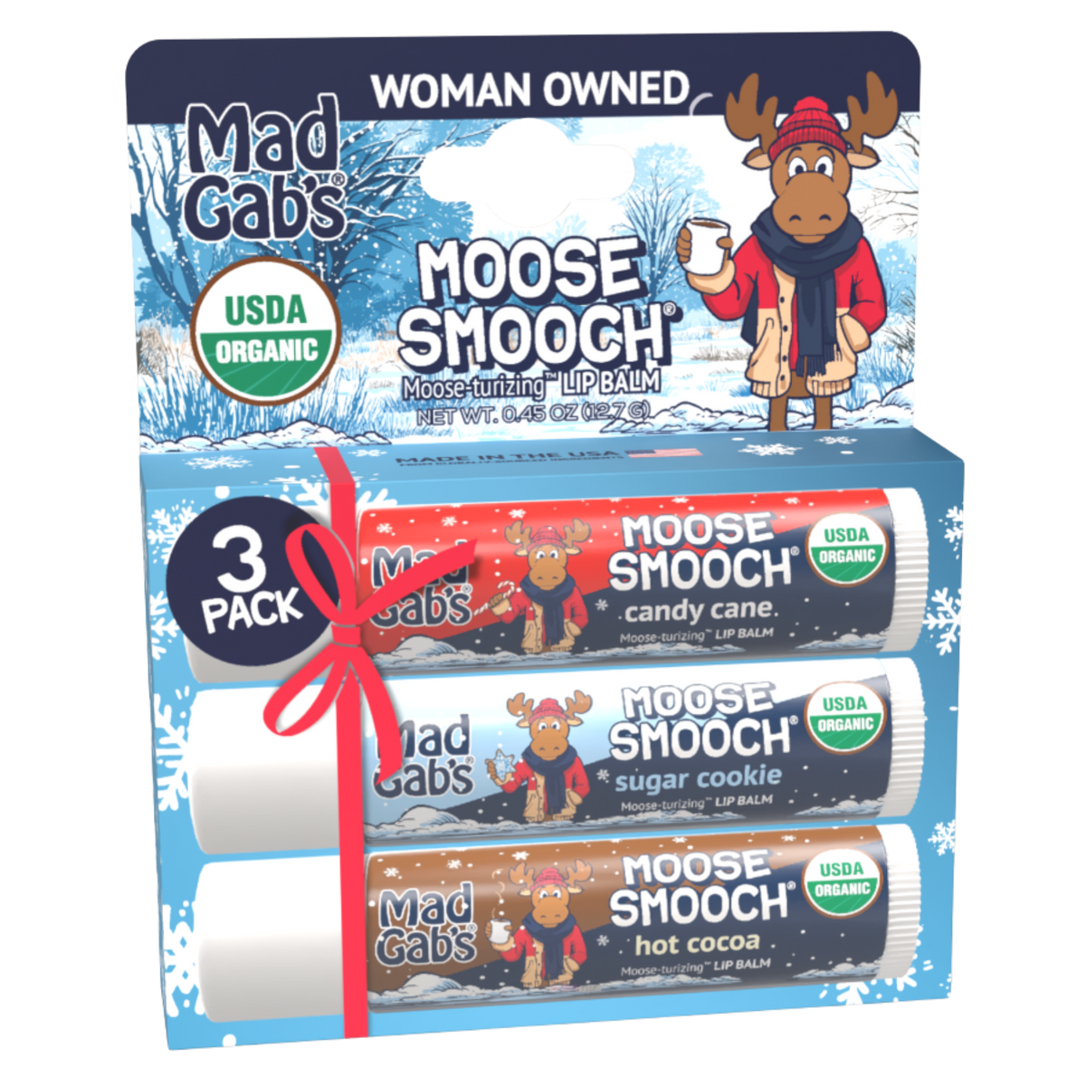 Mad Gab's - 3PK Organic Holiday Moose Smooch Lip Balm Assorted Peg