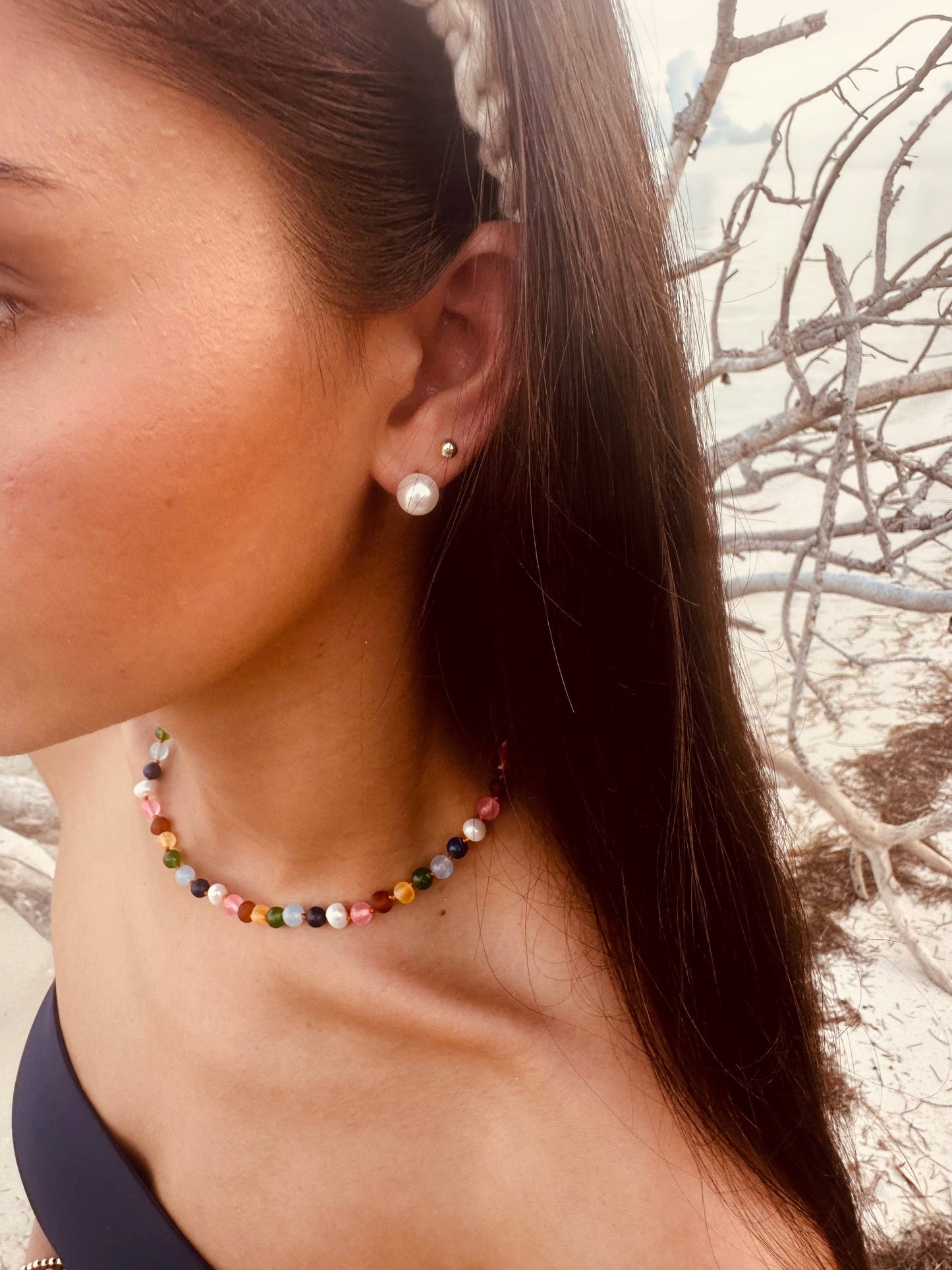CanyonLeaf - Raw Baltic Amber and Pearl Necklace + Sweet Pink Gemstones: 11" Baby Necklace