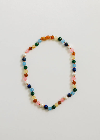 CanyonLeaf - Raw Baltic Amber and Pearl Necklace + Sweet Pink Gemstones: 12" Baby || Child Necklace
