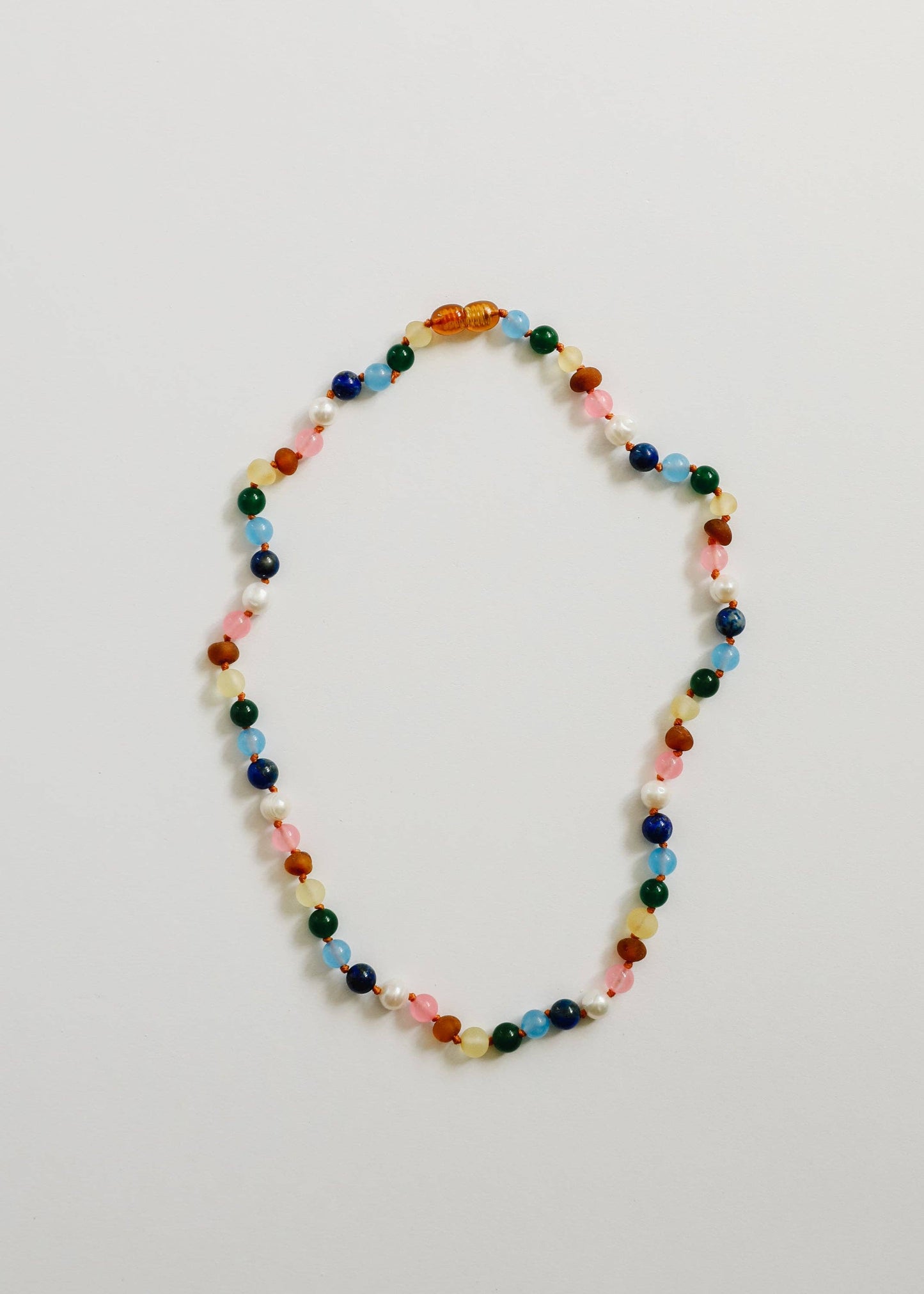 CanyonLeaf - Raw Baltic Amber and Pearl Necklace + Sweet Pink Gemstones: 12" Baby || Child Necklace