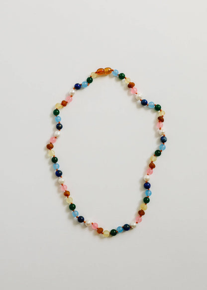 CanyonLeaf - Raw Baltic Amber and Pearl Necklace + Sweet Pink Gemstones: 12" Baby || Child Necklace