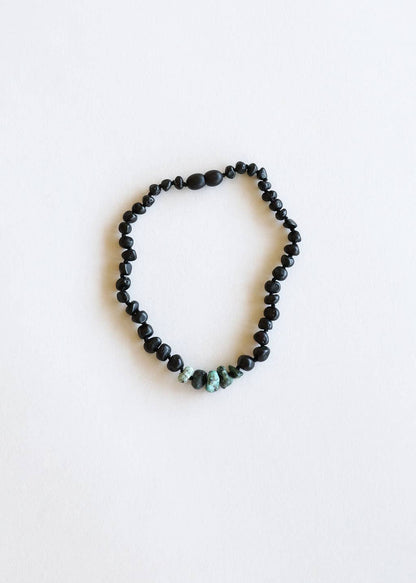 CanyonLeaf - Raw Black Baltic Amber + Raw Turquoise Jasper Necklace: 13" Child Necklace