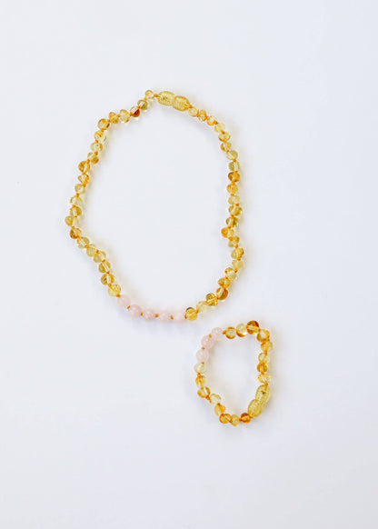 Polished Honey Amber + Rose Quartz || Necklace: 11" Baby Necklace