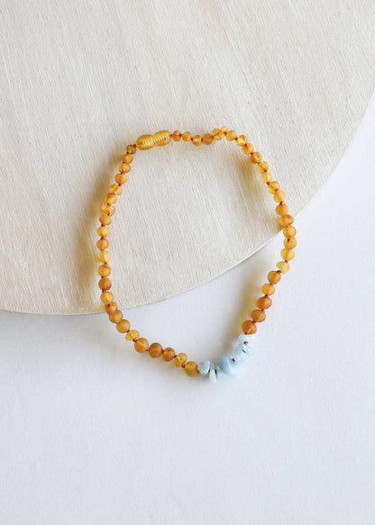 CanyonLeaf - Raw Honey Baltic Amber + Aquamarine || Necklace: 13" Child Necklace