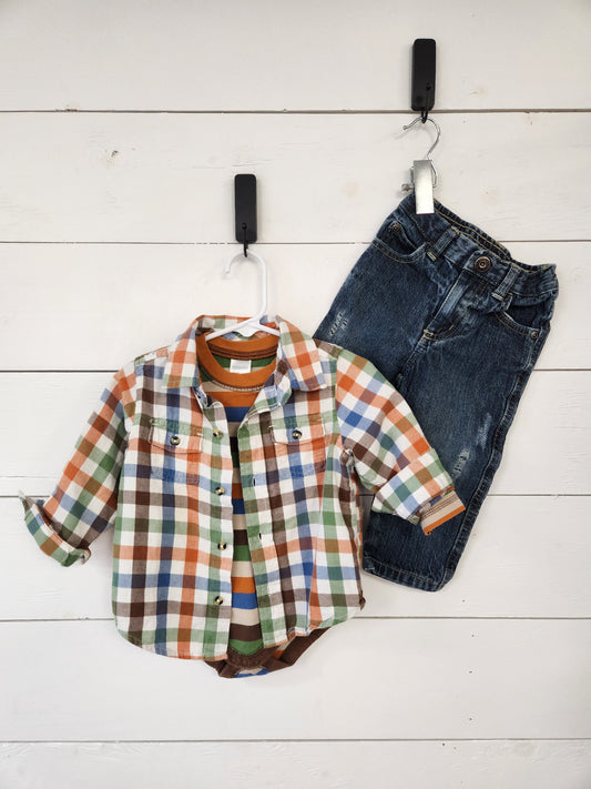 Size 12-18m | Gymboree 3 PC Set (Jeans, Onesie, Plaid)