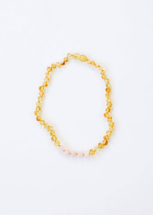 Polished Honey Amber + Rose Quartz || Necklace: 11" Baby Necklace